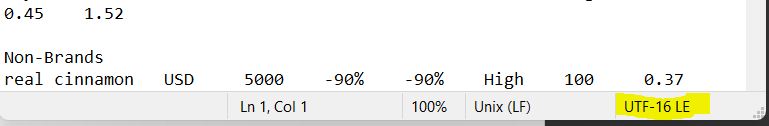 Status bar of note pad after the csv file opened