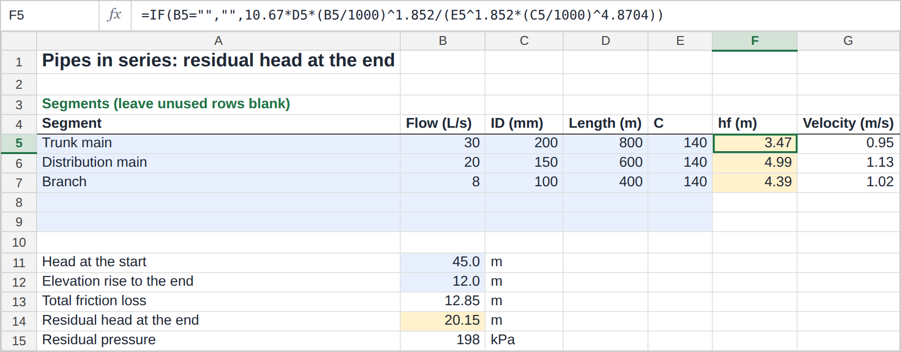 Three pipe segments in series in Excel with the head loss of each segment and the residual head at the end