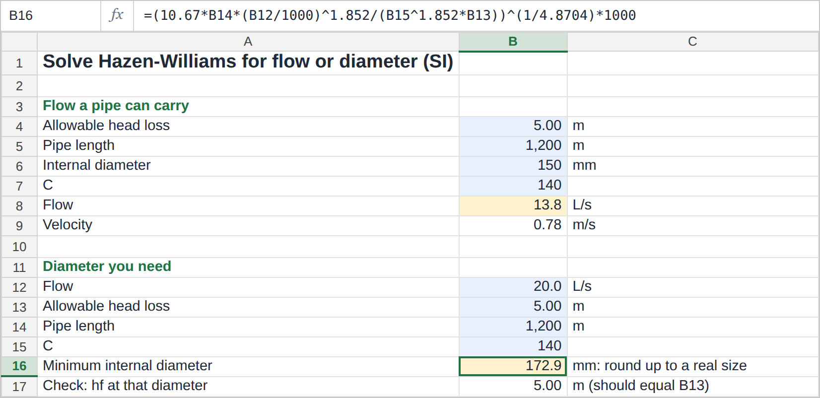 Rearranged Hazen-Williams formulas in Excel solving for the flow a pipe can carry and the required diameter
