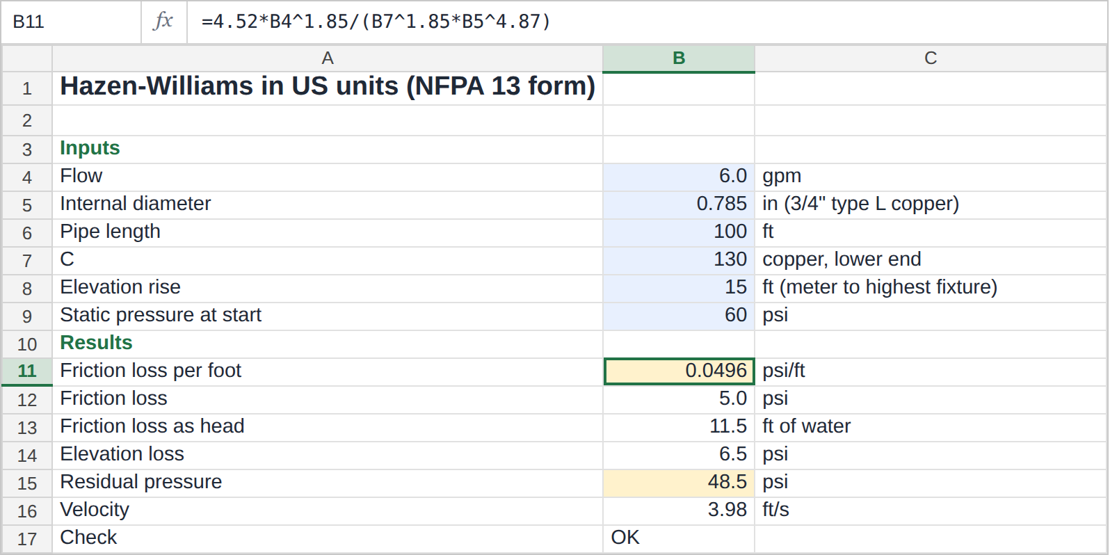 Hazen-Williams in US units in Excel: gpm, inches and psi per foot, with residual pressure at the fixture