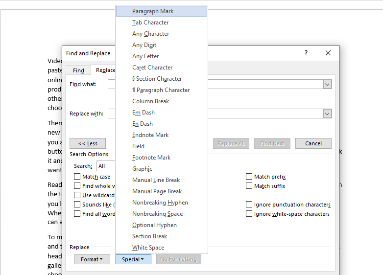 what are non printing characters in word