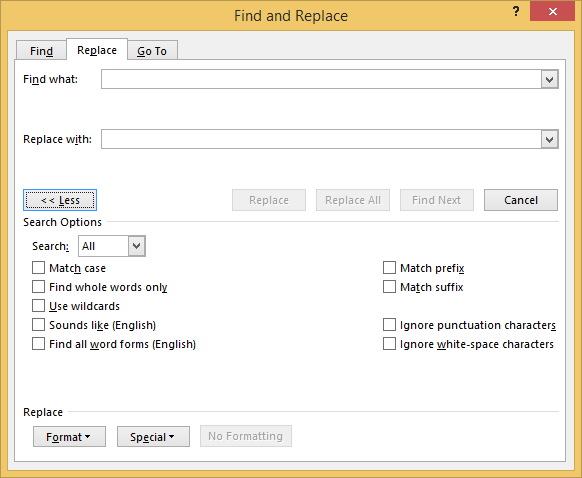 Exapanded Find and Replace Dialog Box