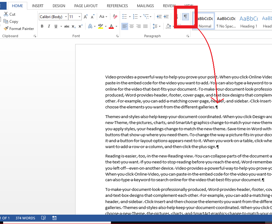 Show hide non printing characters in word