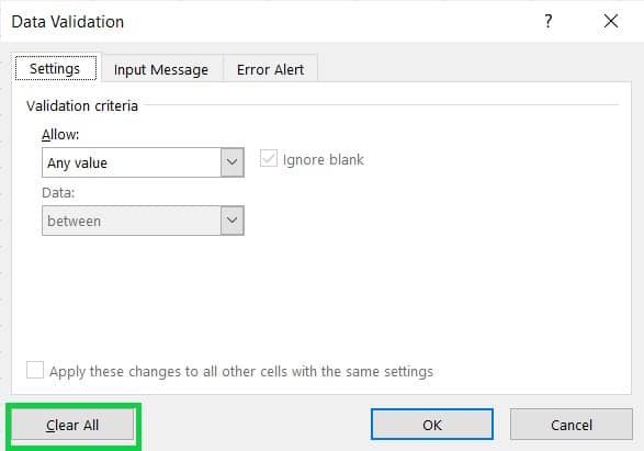 Click the "Clear All" button in the "Data Validation" dialog box remove drop down list in excel