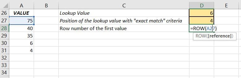 return the row number of the first item using ROW() function